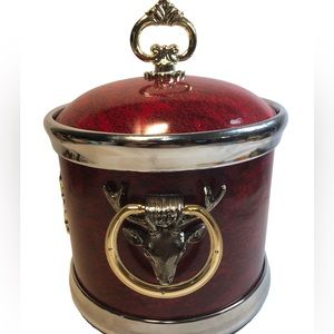 Vintage Ice Bucket Coat of Arms & Deer Red with Gold & Chrome Accents